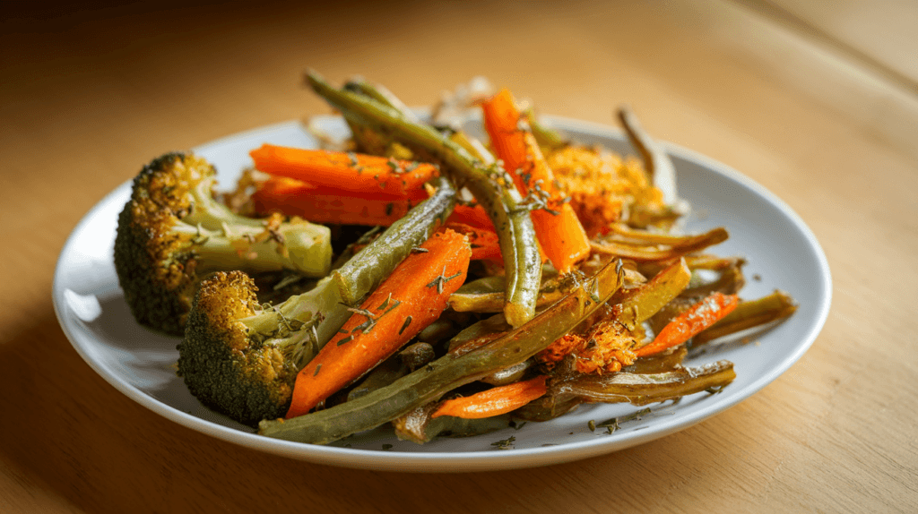 A plate of air-fried vegetables, including crispy broccoli, caramelized carrots, and green beans garnished with fresh herbs