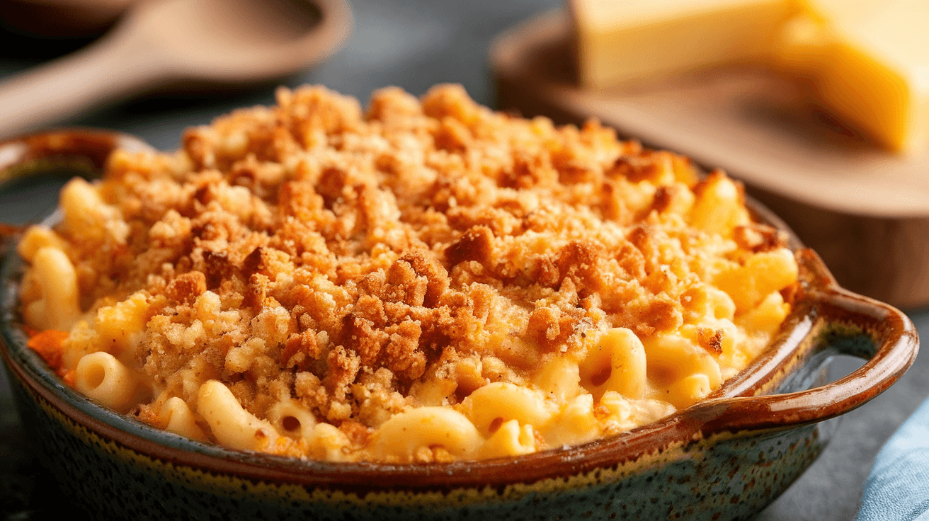 Close-up of baked mac and cheese with golden breadcrumbs and creamy sauce in a rustic ceramic dish