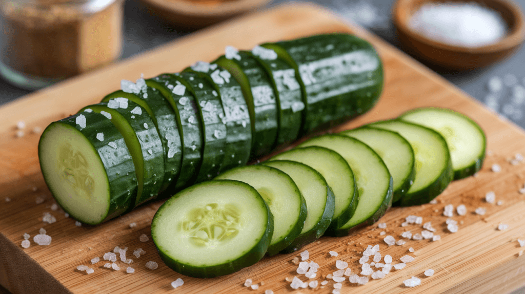 Fresh cucumber slices sprinkled with coarse sea salt on a wooden cutting board, ready for salting to reduce water content