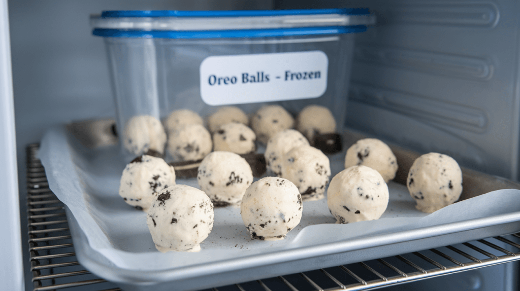 Frozen Oreo balls on a baking sheet with plastic wrap, ready for storage in a labeled freezer-safe container