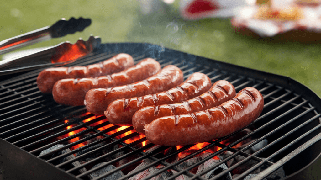 Smoked sausages grilling on a barbecue with golden grill marks and a smoky haze, perfect for a flavorful outdoor cooking experience