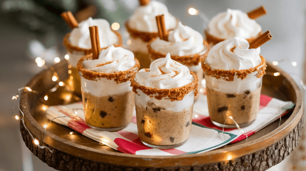 Oatmeal cookie shots in mini mason jars with cookie crumble rims, whipped cream, and cinnamon stick garnish, served on a festive tray.