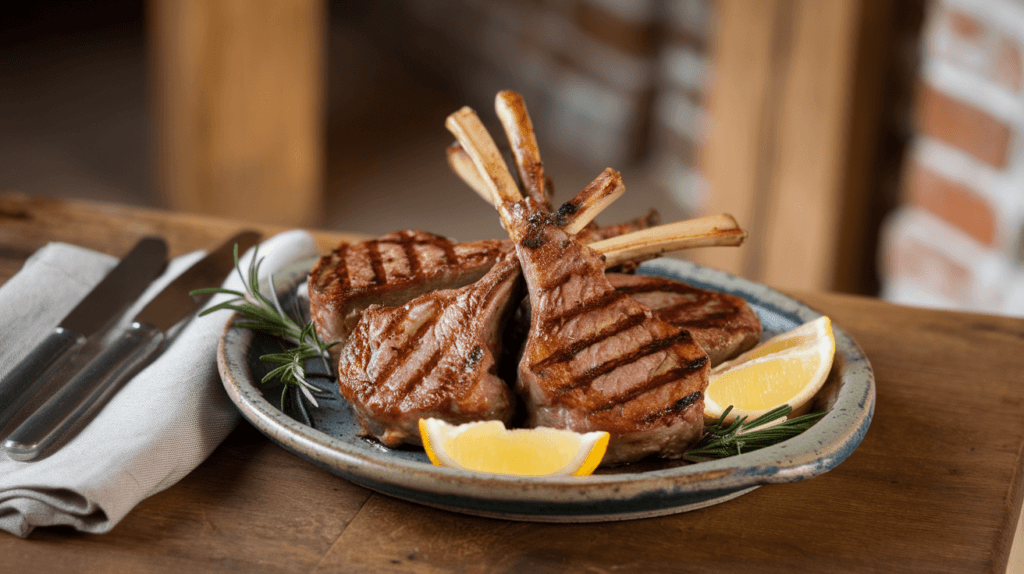 Grilled lamb chops garnished with rosemary and lemon wedges on a ceramic plate, showcasing a caramelized crust and grill marks