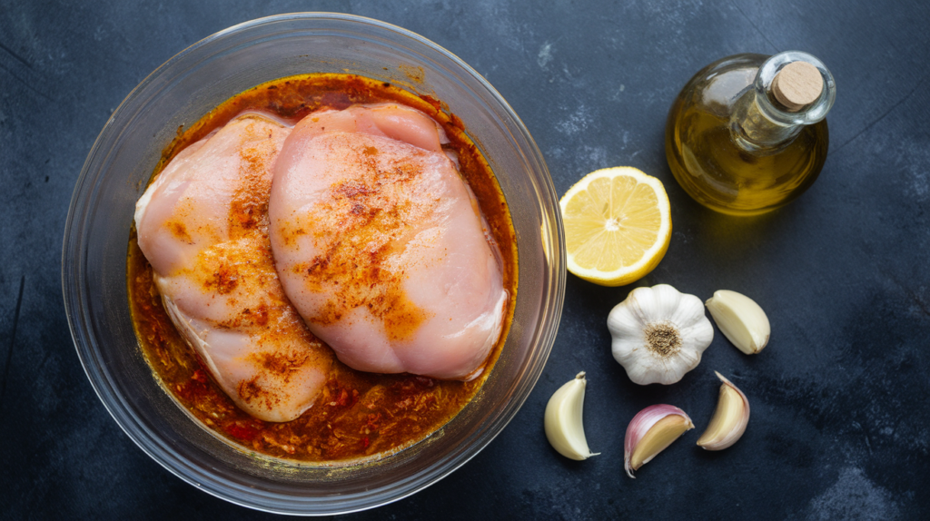 Raw chicken marinating in golden shawarma marinade with spices, lemon, garlic, and olive oil on a dark surface