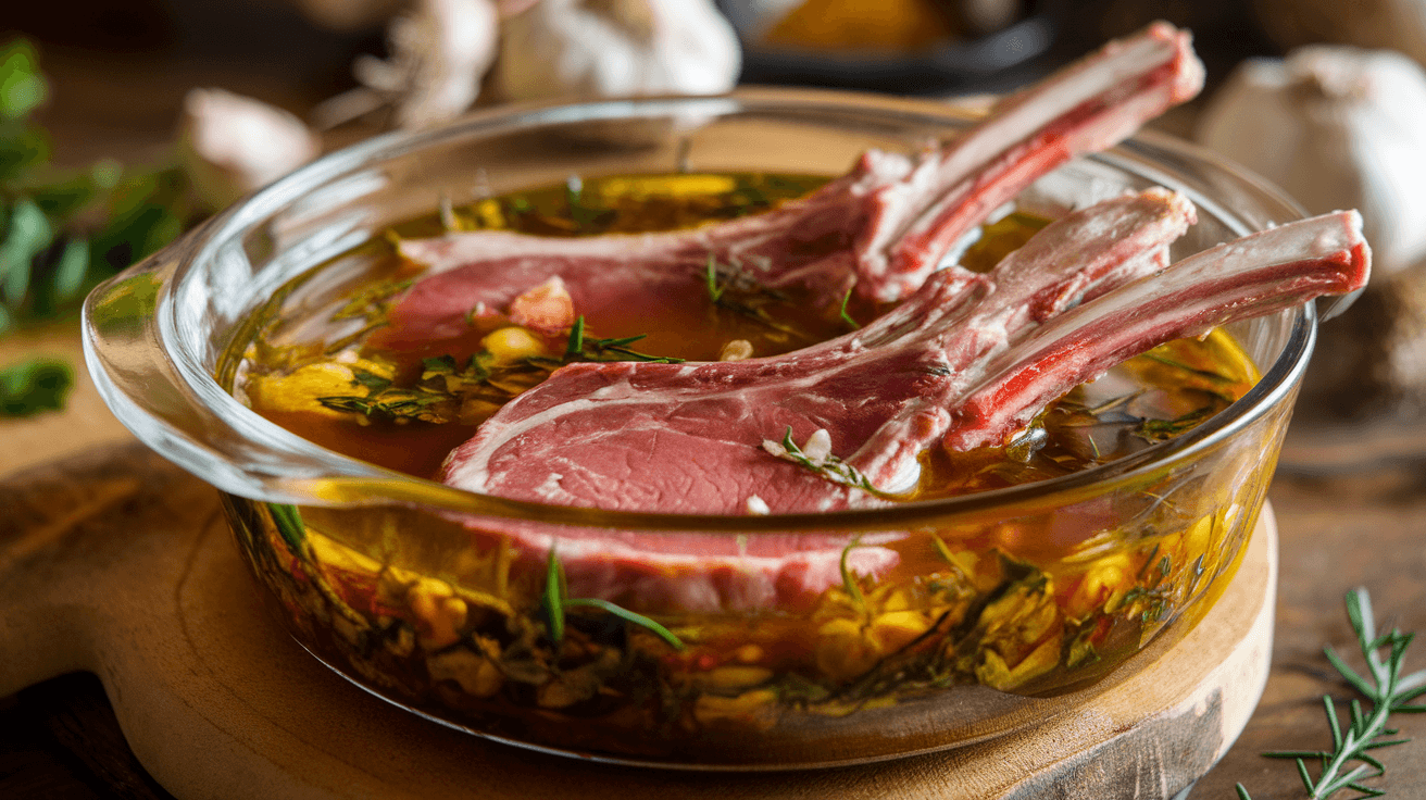 Raw lamb chops in a rich marinade with garlic, herbs, and olive oil in a clear glass dish, highlighted by warm lighting to showcase freshness and flavor.