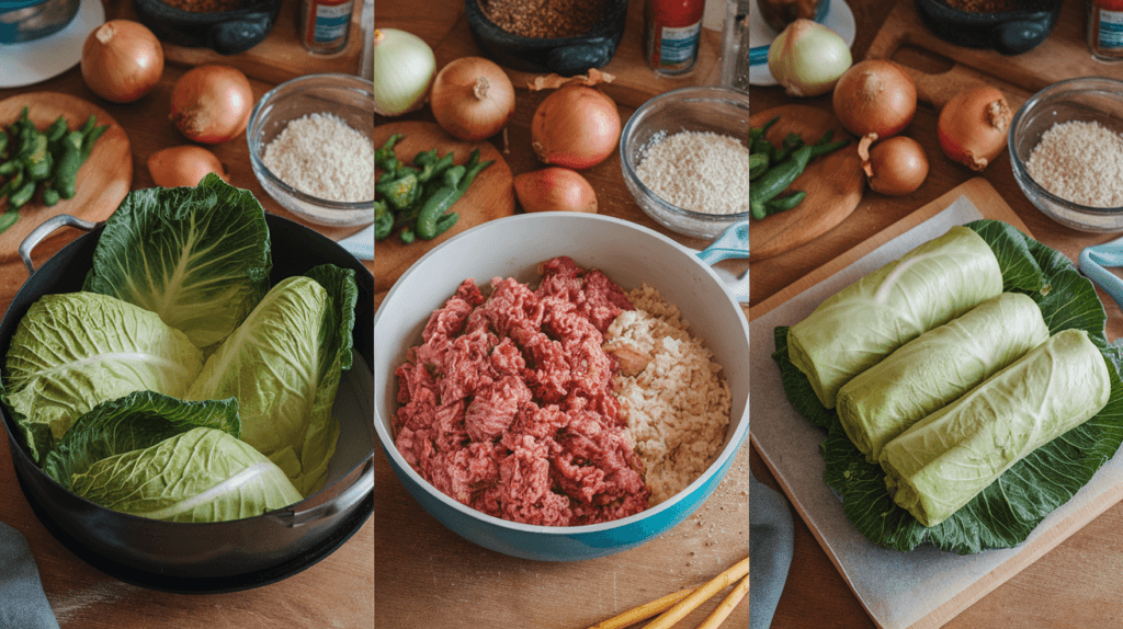 Step-by-step process of making Russian cabbage meat rolls, from boiling cabbage to rolling the filling in leaves