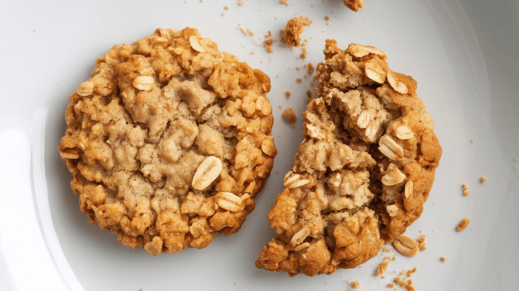 Comparison of a perfect oatmeal cookie and a crumbly one, highlighting differences in texture and structure