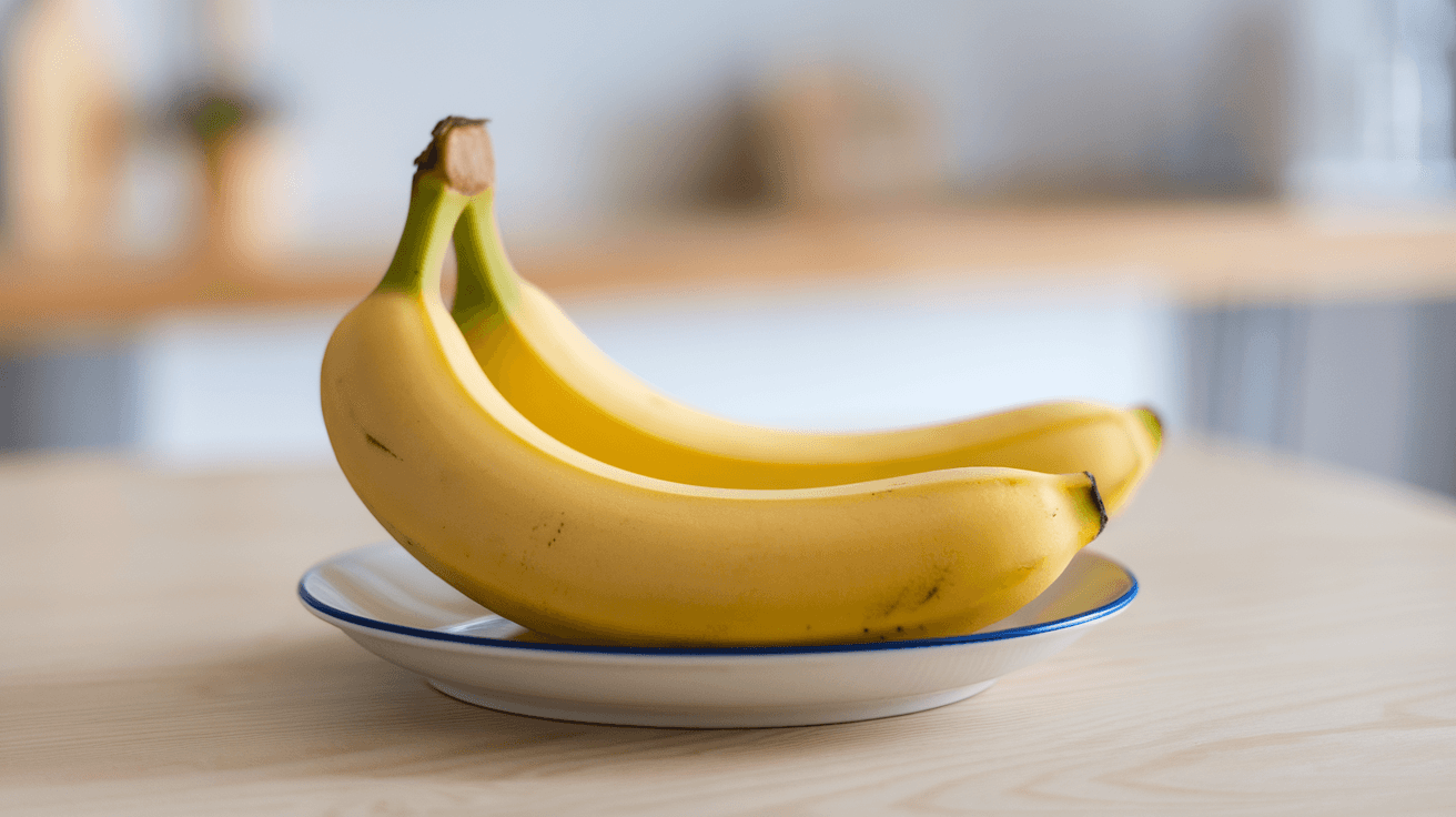 Two ripe yellow bananas on a white plate, placed on a wooden table with a bright kitchen background, symbolizing freshness and health