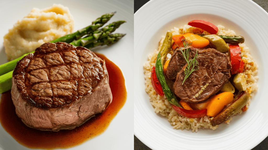 Cooked filet mignon served with mashed potatoes and asparagus, compared to sautéed tenderloin tips with vegetables over rice.