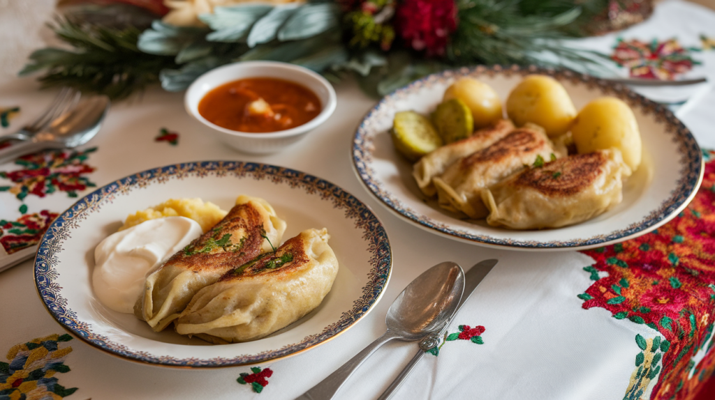 Traditional serving of Halupki with mashed potatoes and Golumpki with pickled cucumbers on a festive table