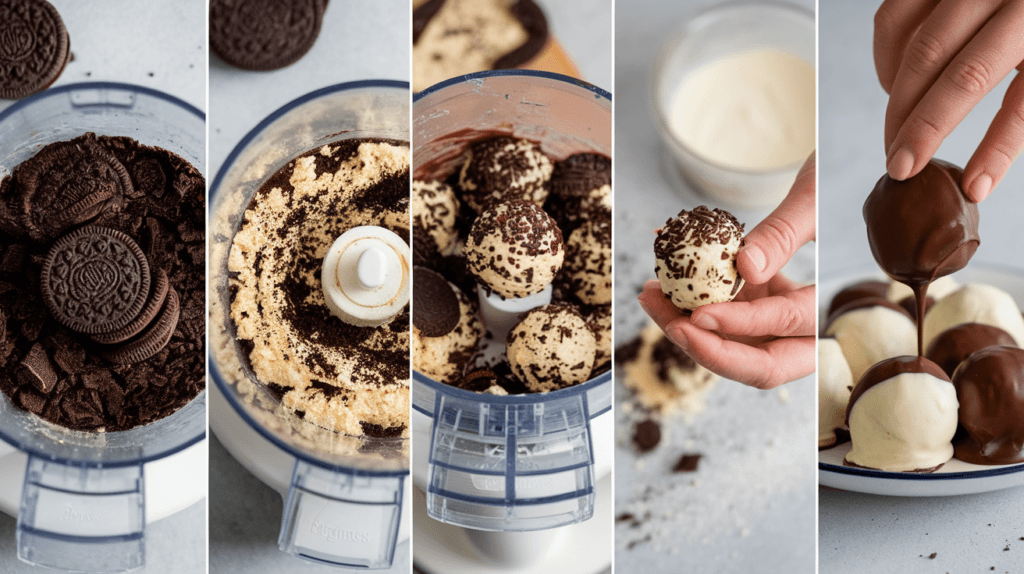 Step-by-step process of making Oreo balls, from crushing Oreos to rolling and dipping them in chocolate.