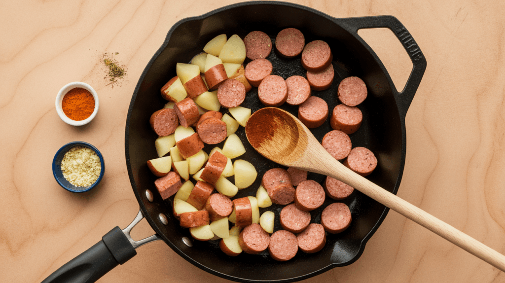 Flat-lay of diced potatoes and smoked sausage cooking in a skillet with spices and a wooden spoon