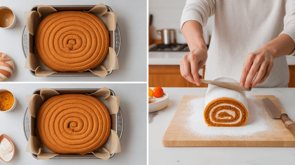 Step-by-step process of making a pumpkin roll, including baking in a lined jelly roll pan and flipping onto a sugared towel for rolling