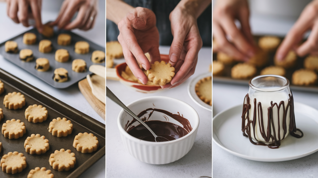 Step-by-step process of making cookie shots at home, featuring cookie dough in molds, melted chocolate for lining, and a finished cookie shot filled with milk