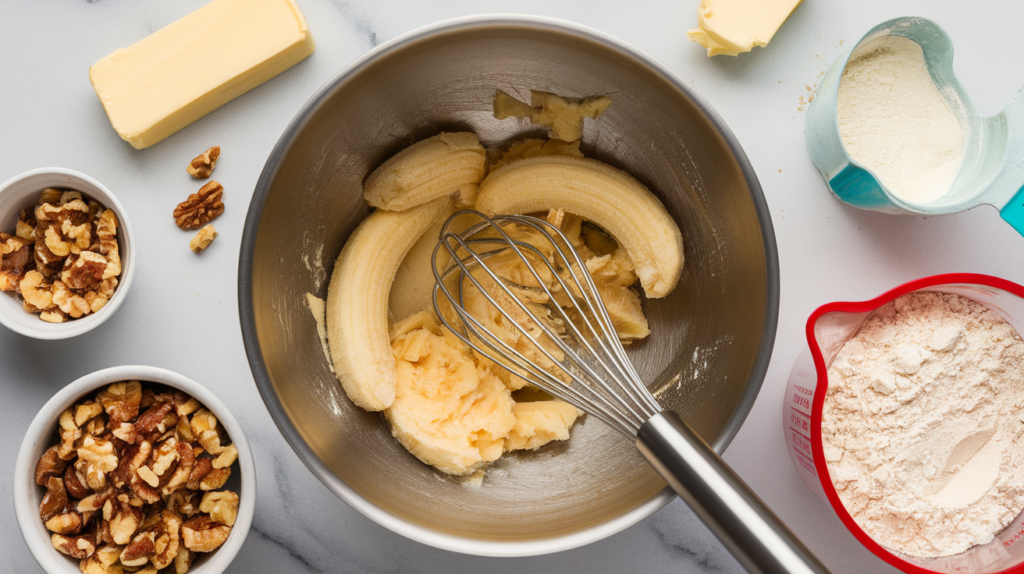 Ingredients and tools for 2 banana nut bread preparation, featuring mashed bananas, walnuts, butter, and flour on a kitchen counter