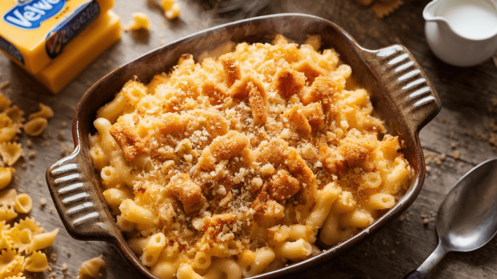 Golden-brown baked mac and cheese with Velveeta, served in a rustic baking dish, topped with crispy breadcrumbs, with steam rising.