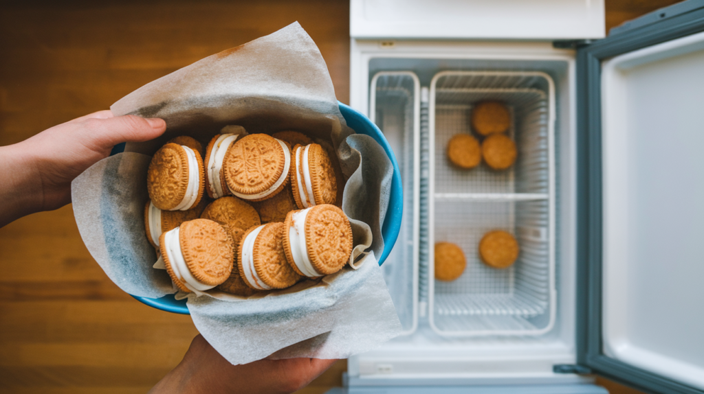 Leftover fried Oreos wrapped in plastic and stored in an airtight container to preserve their freshness, with a refrigerator in the background