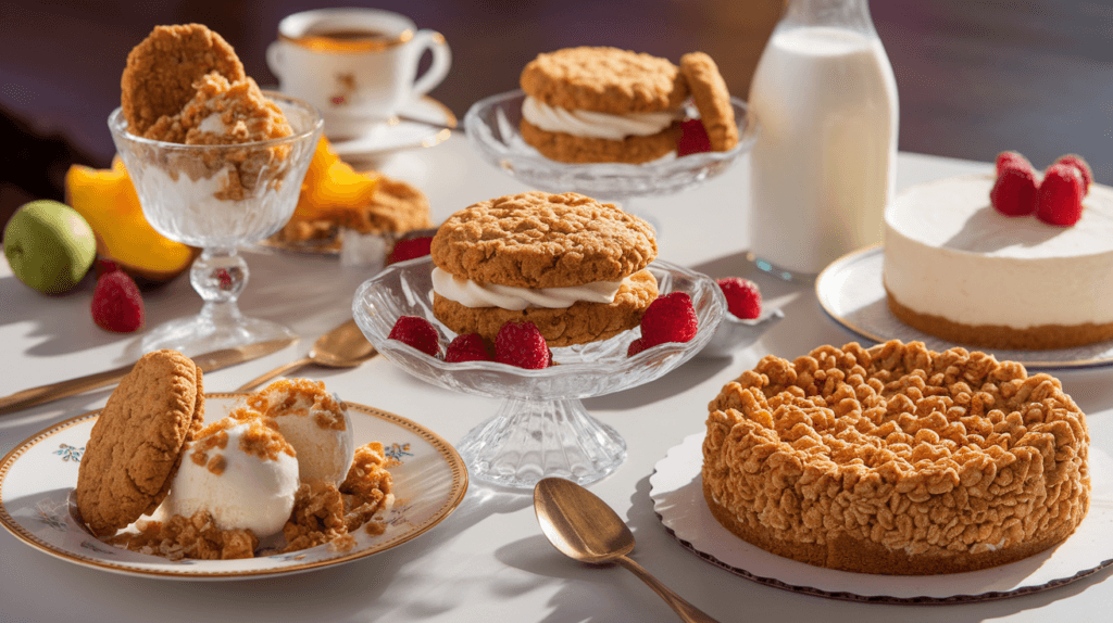 Creative uses of Lil Dutch Maid Oatmeal Cookies: crumbled over ice cream, sandwich cookies, and a cheesecake crust on a festive table