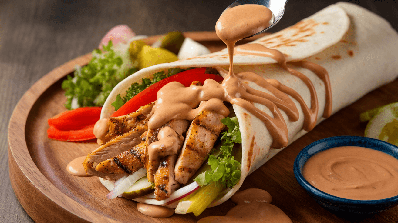 A shawarma wrap filled with grilled chicken, vegetables, and pickles, topped with creamy shawarma sauce, served on a wooden platter