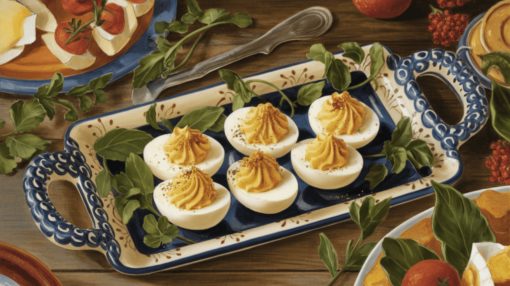 Vintage ceramic deviled egg tray with deviled eggs on a rustic kitchen table