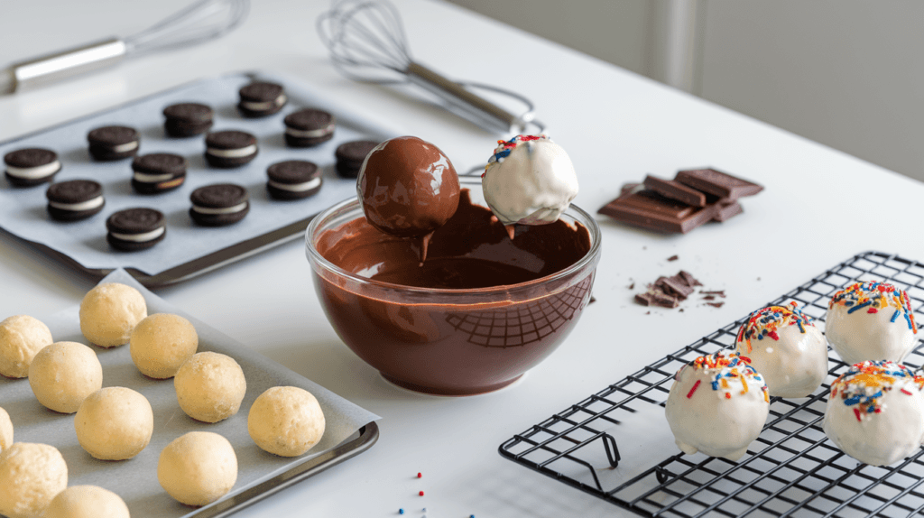 Three stages of Oreo balls preparation: shaped, partially dipped in chocolate, and fully coated with sprinkles