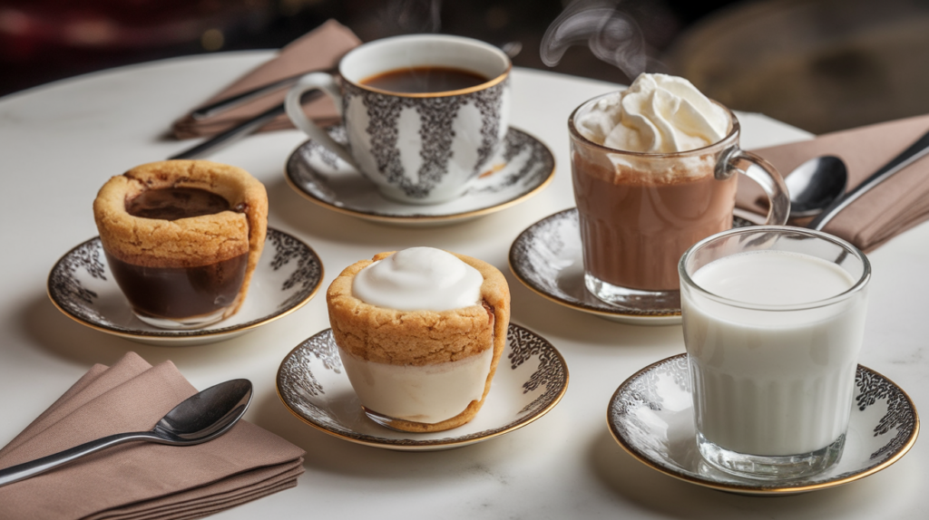 Cookie shots paired with beverages, featuring coffee, hot chocolate with whipped cream, and milk, presented on dessert plates with matching drinks