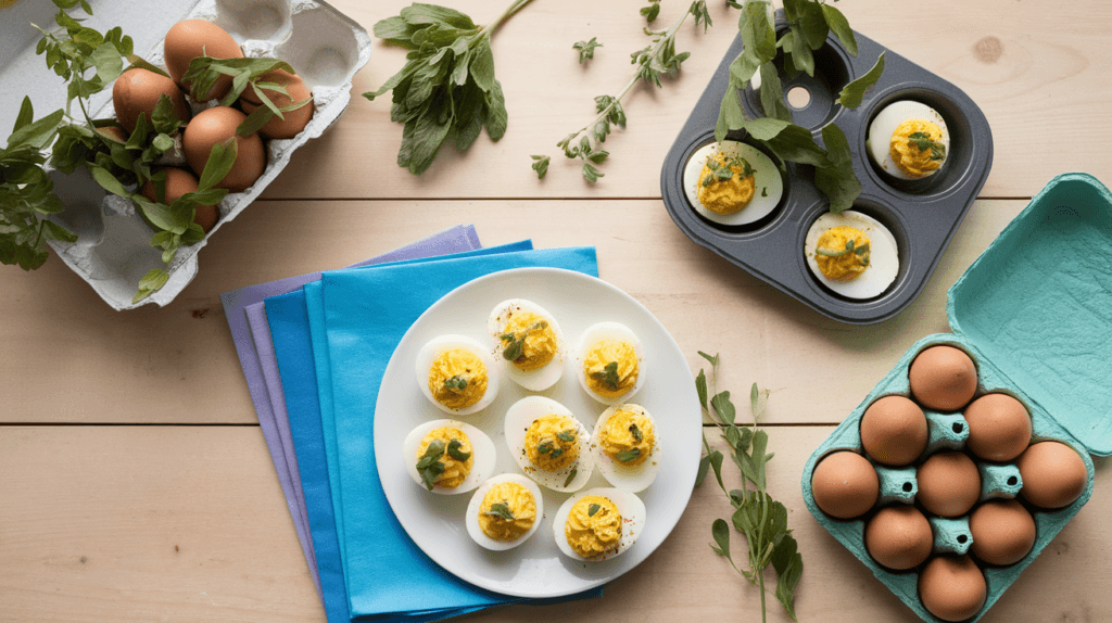 Creative alternatives to a deviled egg tray, including a white plate, a muffin tin, and a repurposed egg carton holding deviled eggs