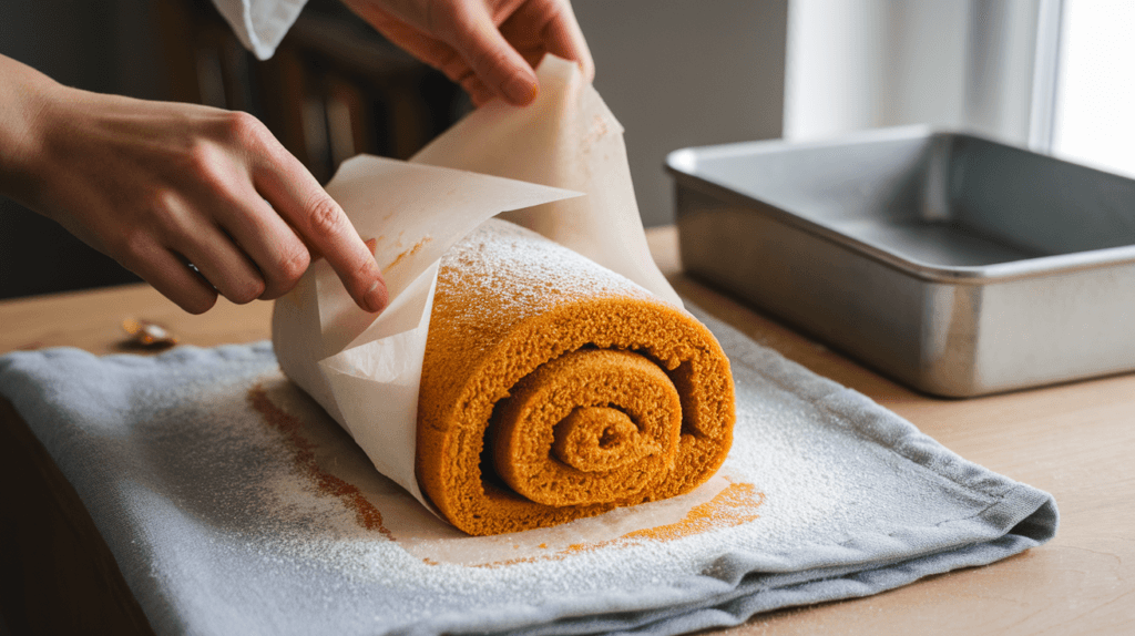 Freshly baked pumpkin roll cake flipped onto a powdered sugar-dusted tea towel, with parchment paper being removed.