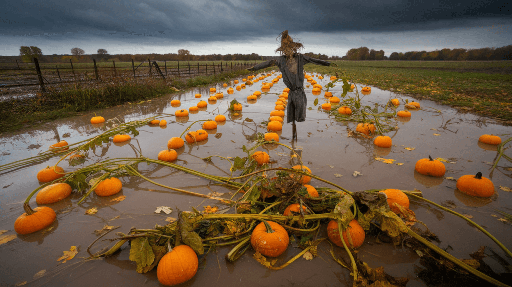 A flooded pumpkin field after heavy rainfall, illustrating how natural disasters affect pumpkin yields and increase production costs for Libby’s pumpkin