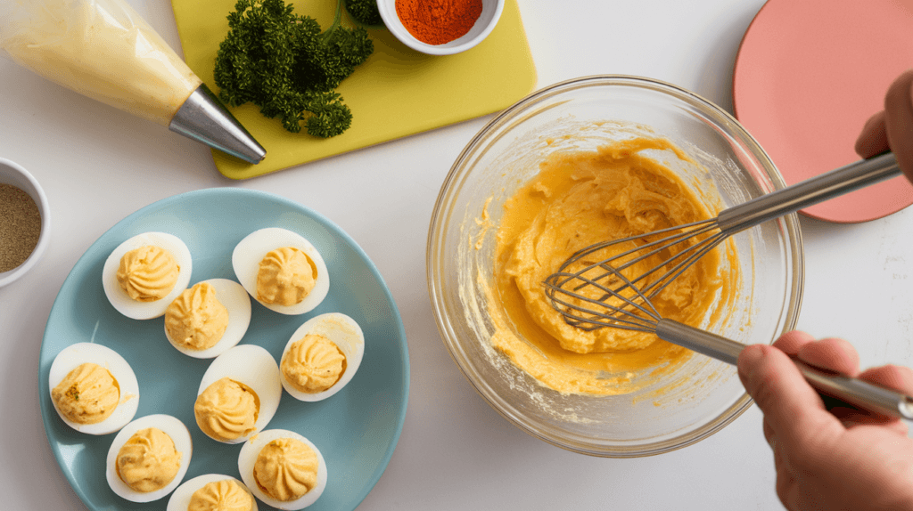 Step-by-step preparation of deviled eggs showing boiled eggs, yolk filling, and garnishes for a neat and organized process