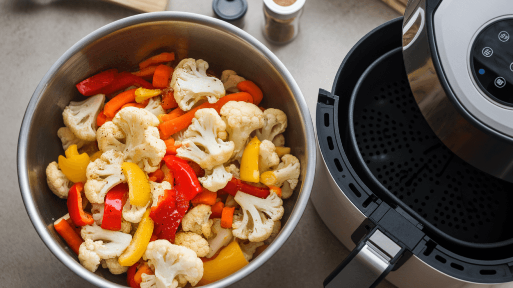 Frozen vegetables in a mixing bowl, coated with oil and seasonings, next to an air fryer on a kitchen counter.